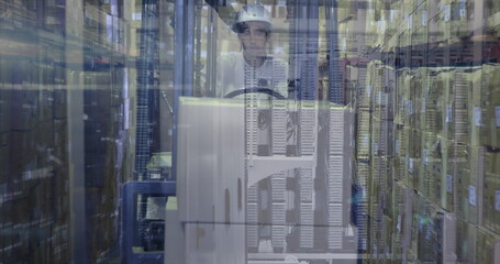 Image of data over male warehouse worker and servers