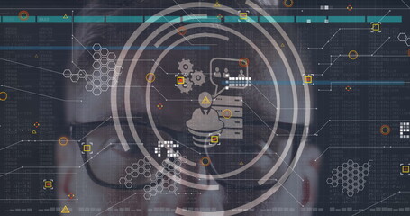 Image of icons and data processing over caucasian man on black background