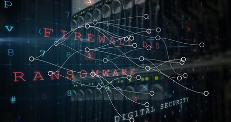 Image of network of connections and cyberattack warning over server