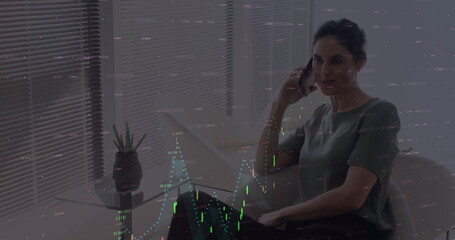 Image of data processing and graphs over caucasian woman having call on smartphone