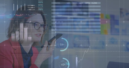 Image of financial data processing over businesswomen using smartphone