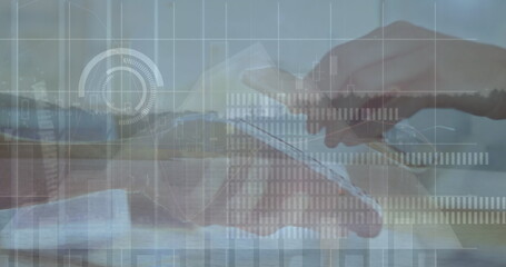 Image of financial data processing over people using payment terminal