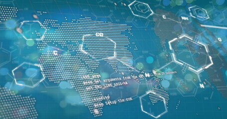 Image of graphs and chemical formulas over world map and green background