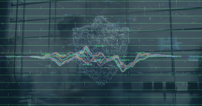Image of data processing over digital padlock and clouds