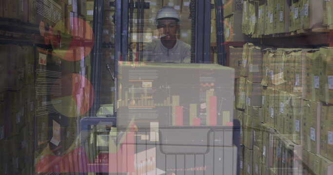 Image of financial data over male warehouse worker