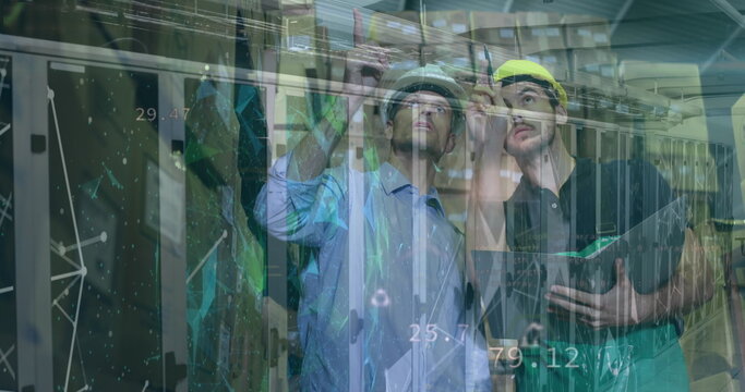 Image of icons with hexagons and shapes over caucasian male warehouse workers and servers - Powered by Adobe