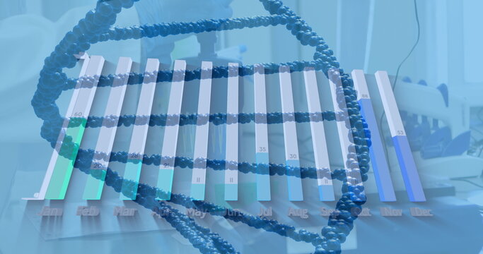 Image of dna strand and data processing over digital icons