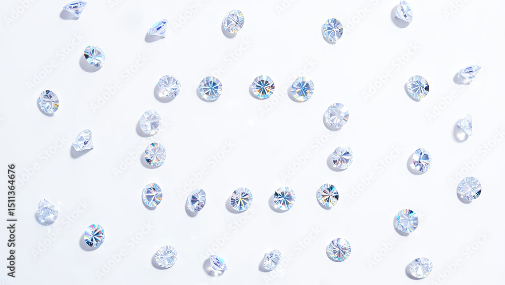 Poster various sparkling crystals are meticulously arranged in a spiral pattern on a smooth white surface, 