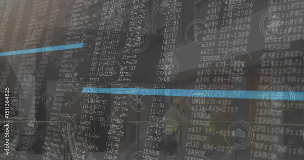 Poster image of icons over data processing and diverse workers in office