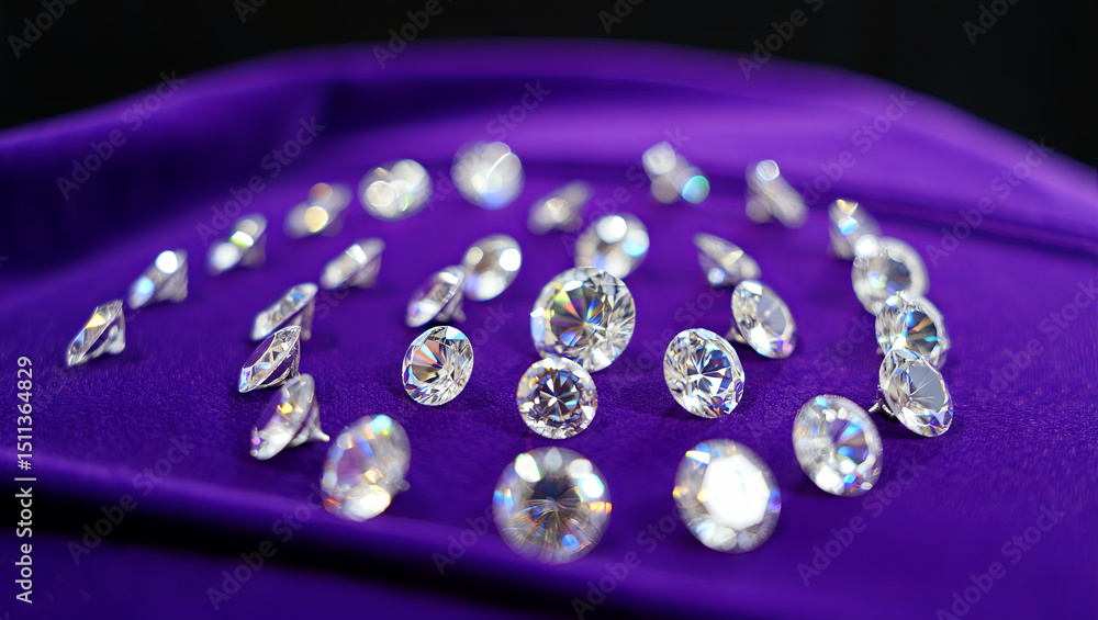 Poster a stunning array of sparkling crystals is arranged aesthetically on a smooth purple fabric. each gem