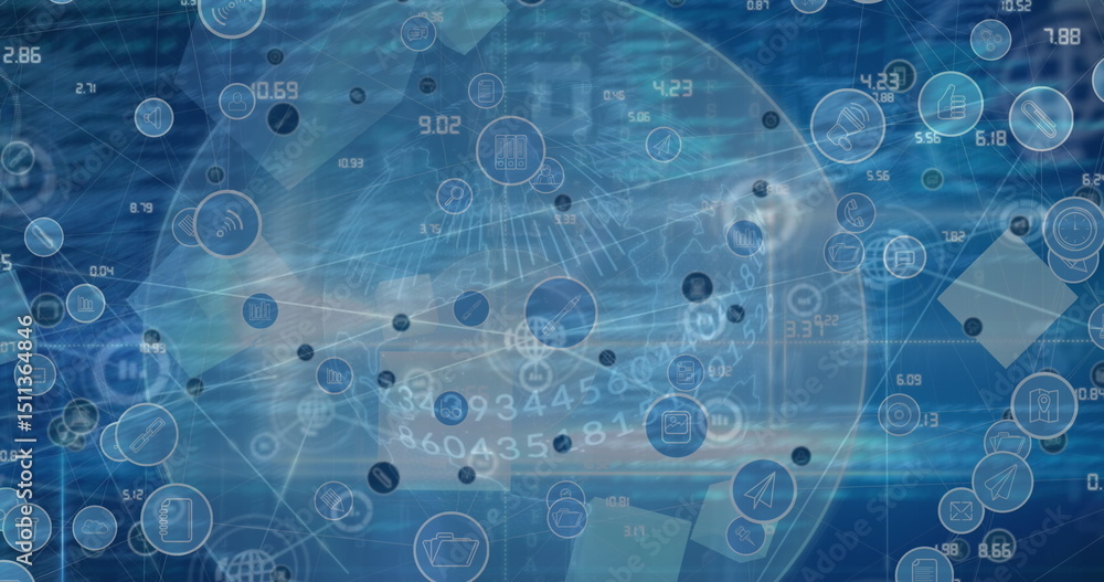 Poster image of network of connections with icons over globe