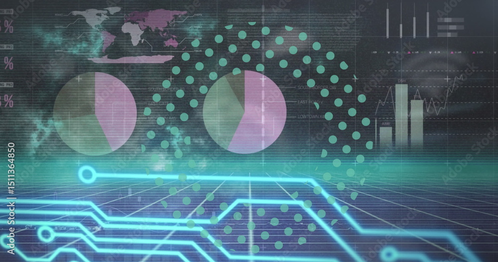 Poster image of graphs and integrated circuit moving in digital space