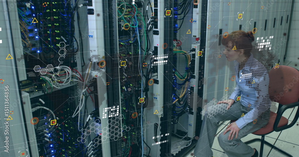 Poster data processing over globe and world map against caucasian female enginner working at server room