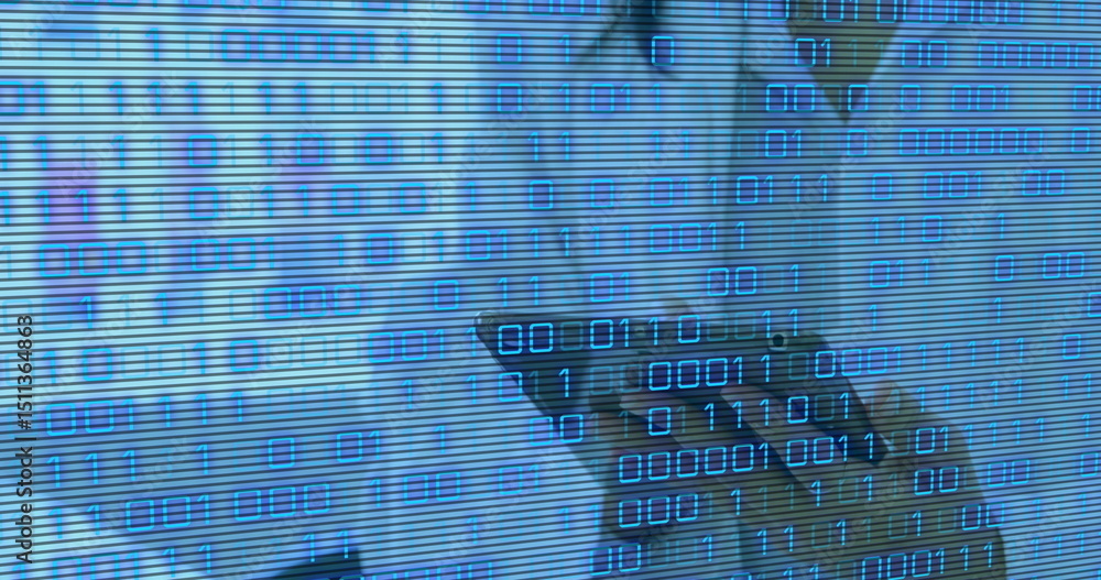 Poster image of binary coding over mid section of female scientist using digital tablet at laboratory