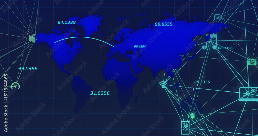 Poster image of world map with data processing over network of connections with icons