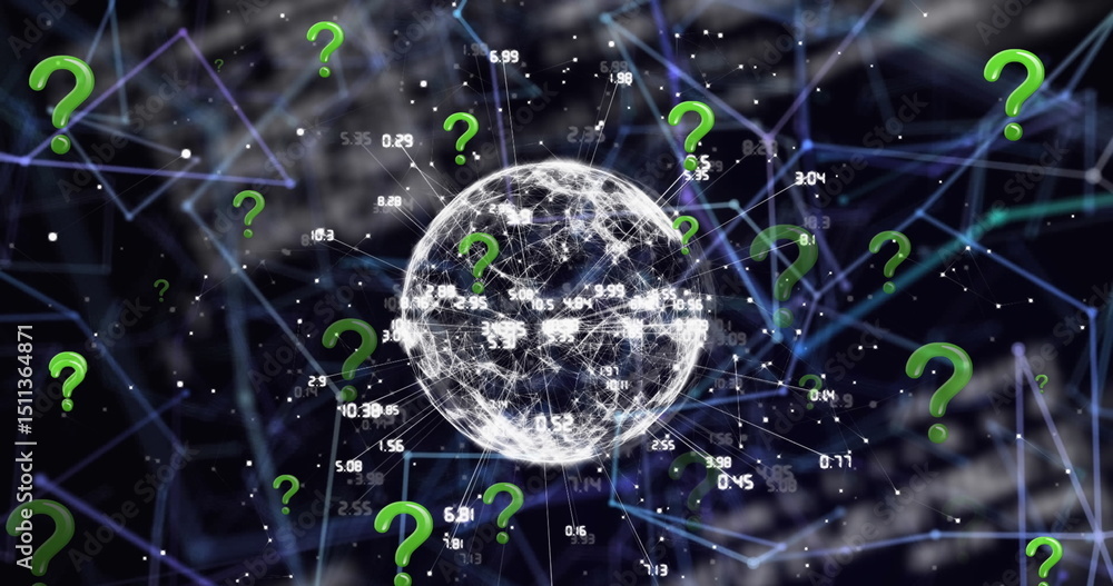Poster image of question mark icons over network of connections and data processing on black background