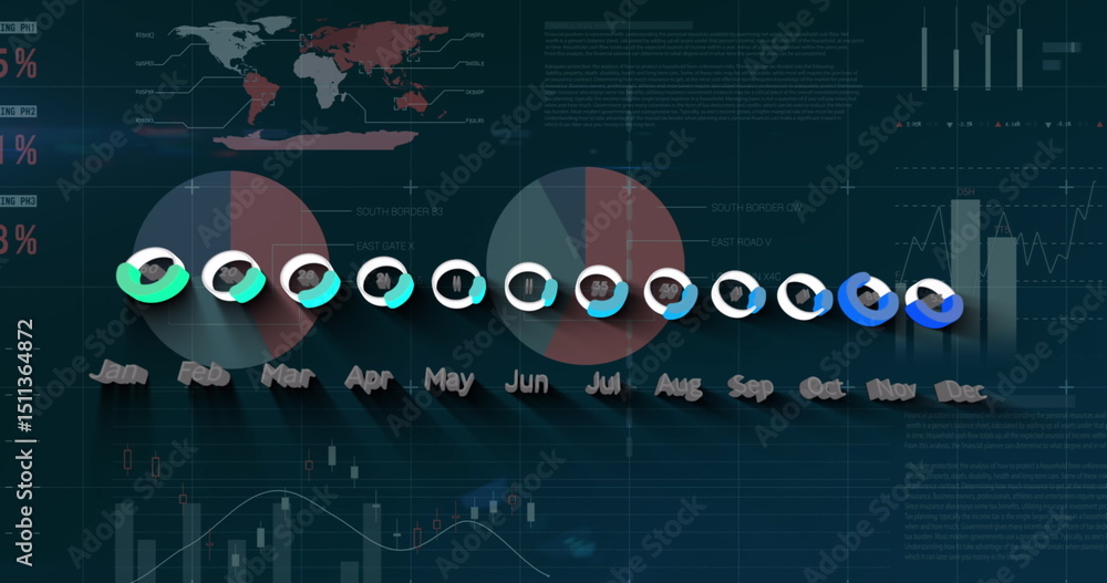 Poster image of graphs and financial data on black background
