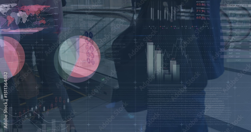 Poster image of graphs and financial data over low section on businessman walking to escalator