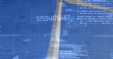 Image of financial data processing over electric windmill