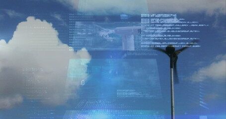 Image of financial data processing over electric windmill