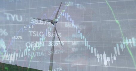 Image of financial data processing over electric windmill