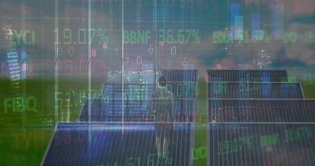 Image of financial data processing over solar panel