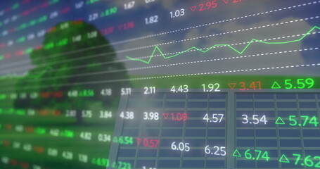 Image of financial data and graphs over solar panels