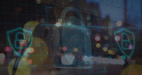 Image of processing circles and digital padlock over blurred night traffic