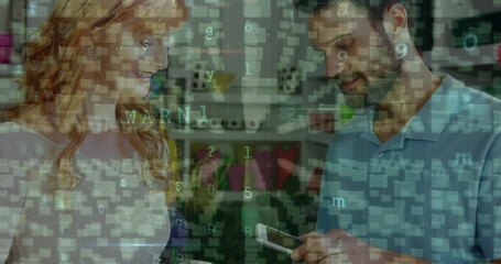 Image of files icons and cyberattack warning over diverse people paying with smartphone