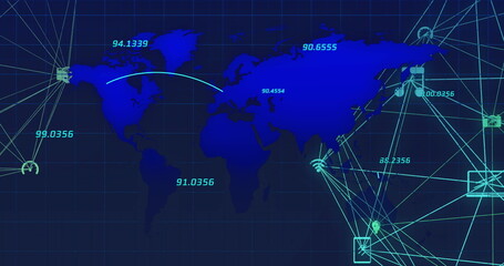 Image of world map with data processing over network of connections with icons