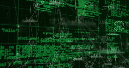 Image of connections and data processing on black background