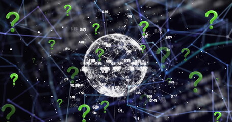 Image of question mark icons over network of connections and data processing on black background