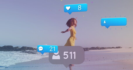 Image of social media icons and numbers on banners over woman running on beach