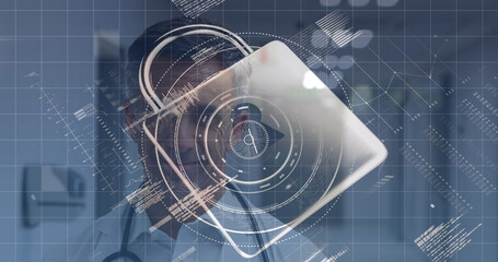 Image of data processing and padlock icon over caucasian male doctor