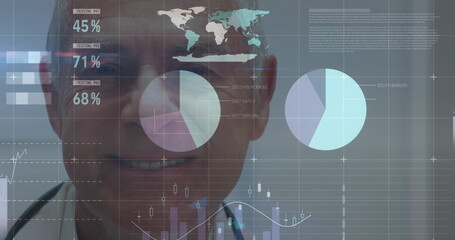 Image of financial data and graphs over happy caucasian senior male doctor