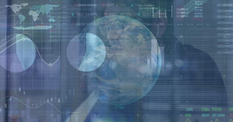 Image of data processing financial globe blue background