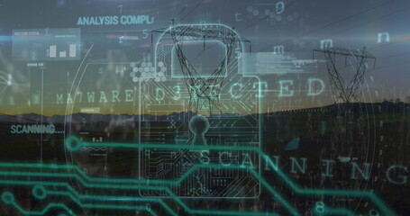 Image of scanning, virus warning and digital padlock over electricity poles