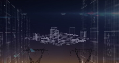 Image of data processing and metaverse city over electricity poles