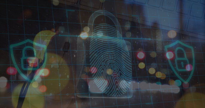 Image of processing circles and digital padlock over blurred night traffic