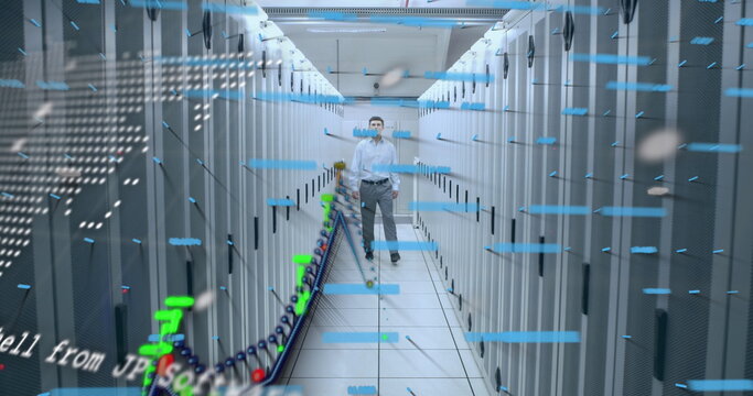 Financial data processing and world map over caucasian male engineer walking in computer server room