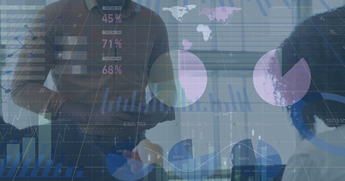 Image of graphs and financial data over african american man and woman in office