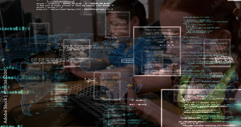 Poster image of data processing over world map against caucasian girl using computer at school