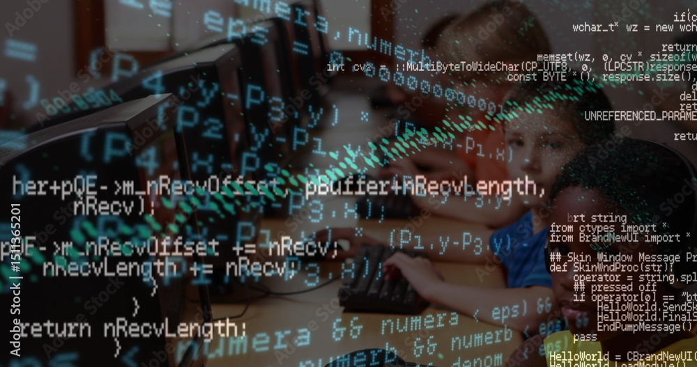 Poster data processing over group of diverse kids using computer and then waving together at school