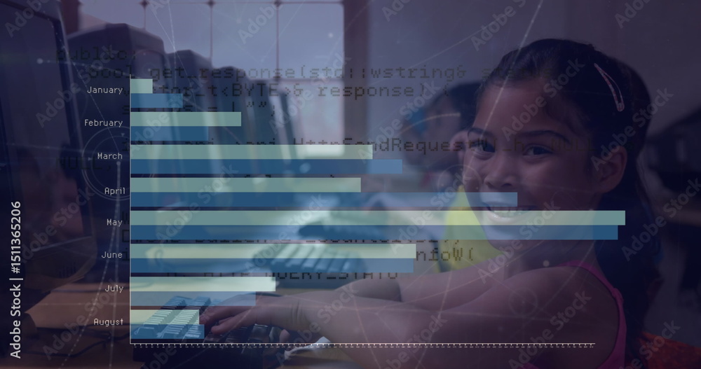 Poster image of statistical data processing over hispanic girl using computer at school