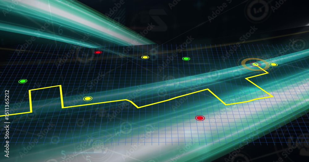 Poster image of green light trails over cyber security data processing against black background