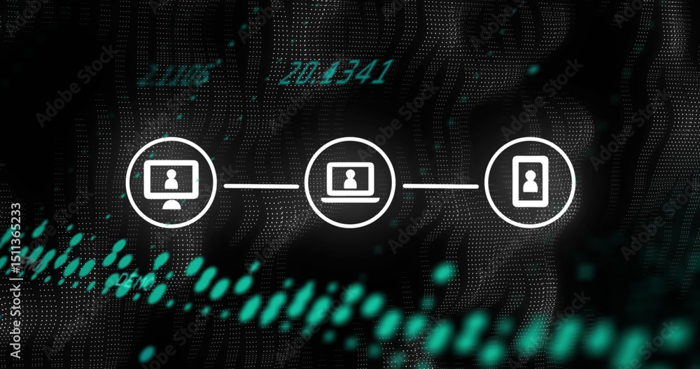 Poster image of network of connections with icons over data processing on black background