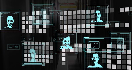Image of multiple profile icons with data processing against mosaic squares and server room