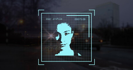 Multiple profile icons with data processing over city traffic at night