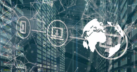 Image of network of digital icons over spinning globe and network of connections