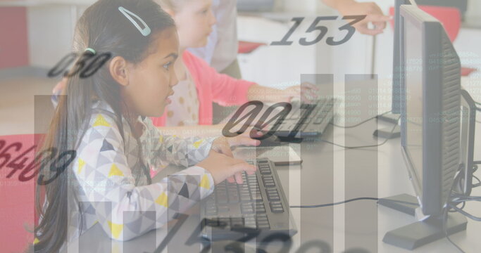 Image of data processing over diverse schoolchildren using computers - Powered by Adobe